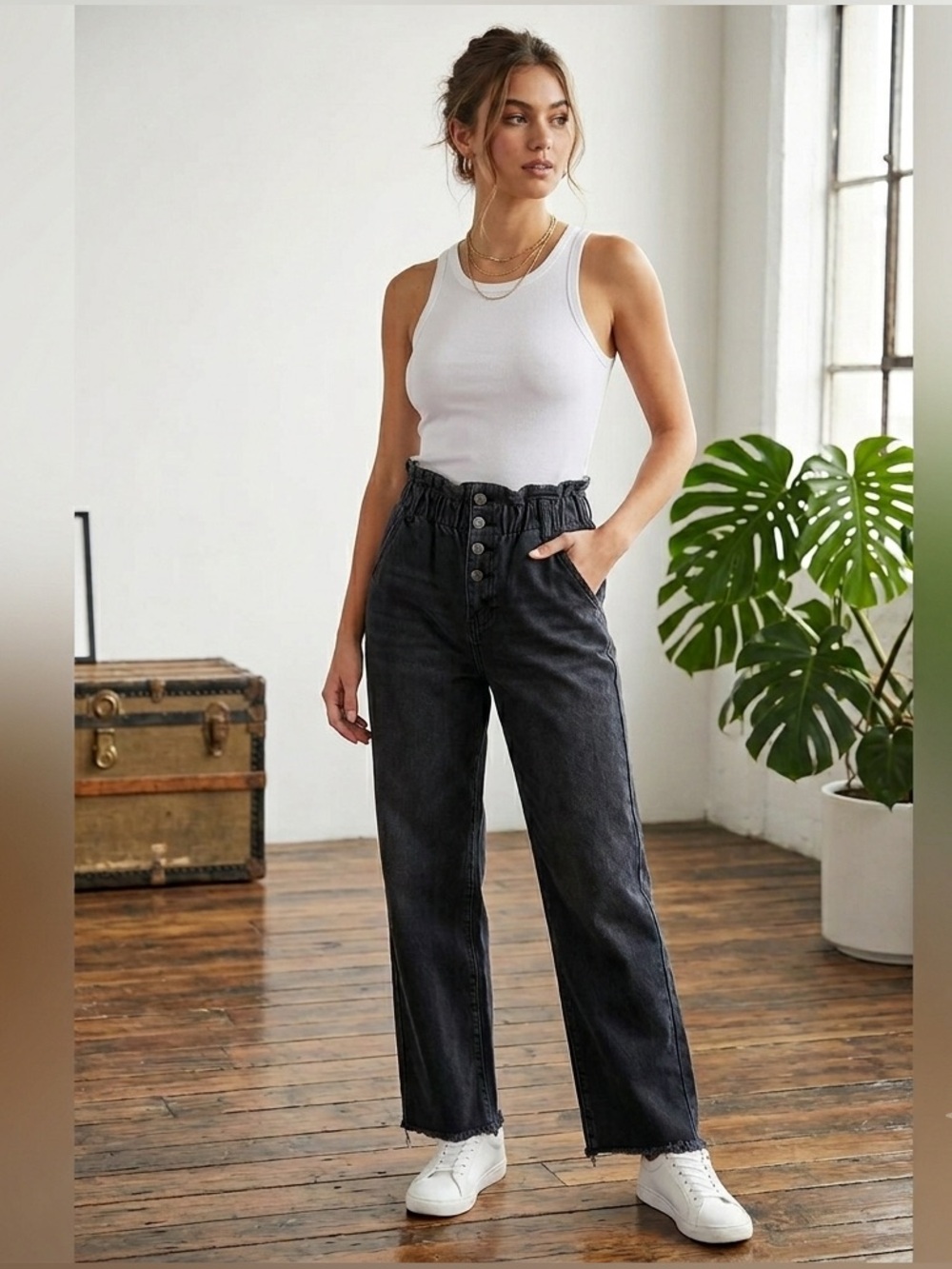 Zara Black Paperbag Mom Jeans 6 High Waist Raw Hem Grunge Y2K Streetwear